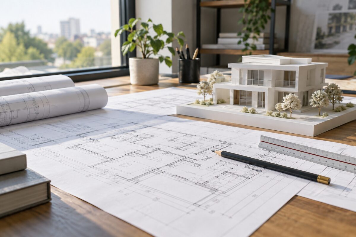 Architectural plans and a scale model of a residential building on a desk