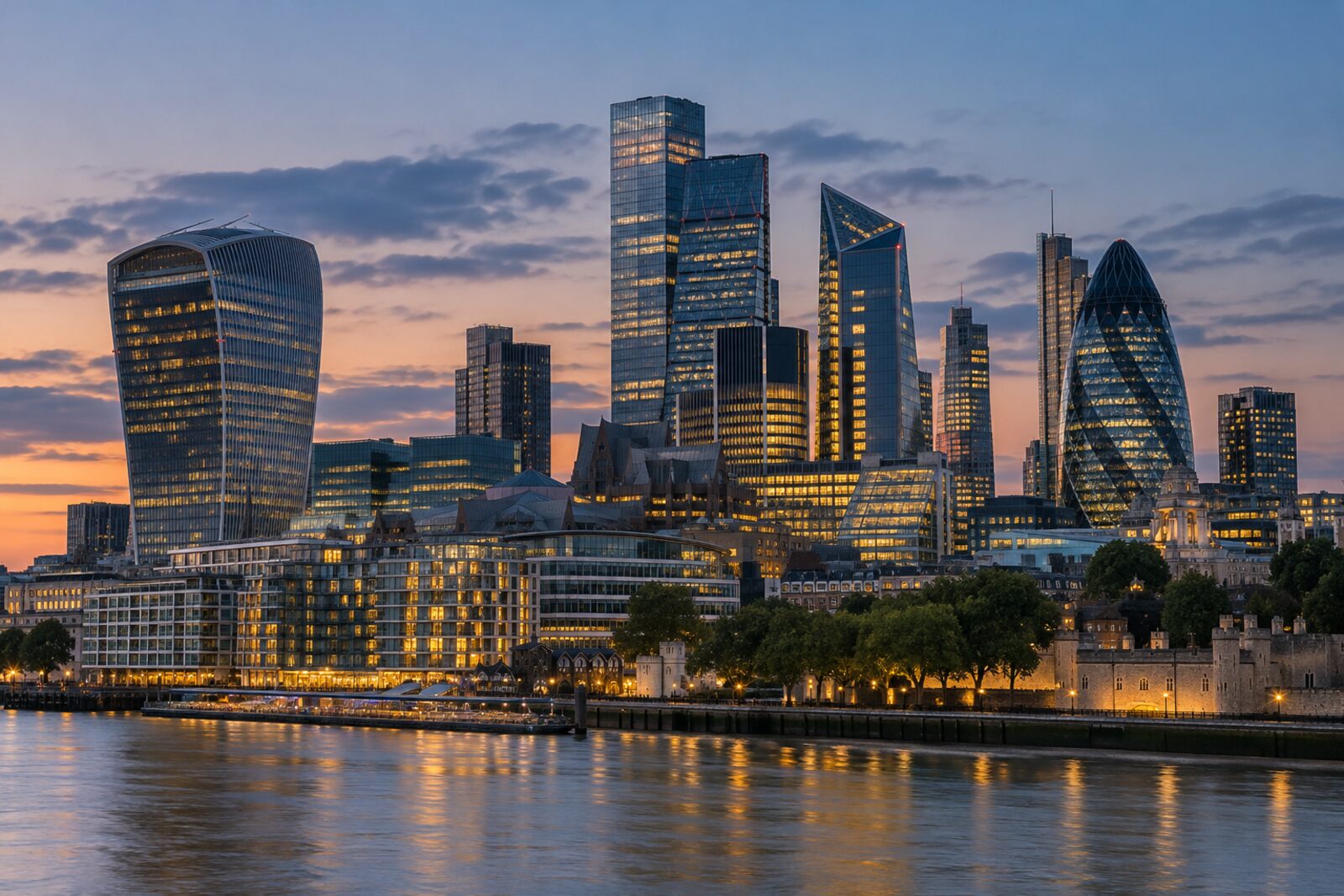 The City of London skyline at dusk with warm lights in the towers