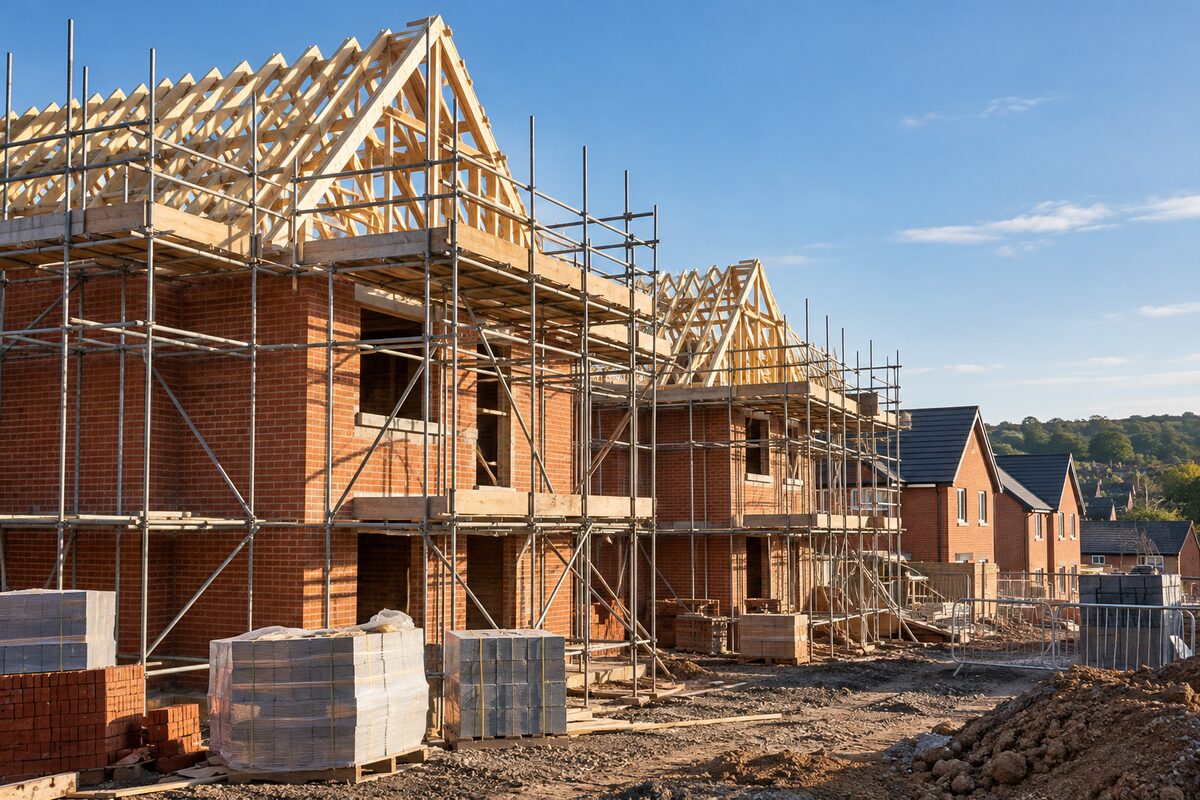 New brick houses under construction with scaffolding and roof trusses against a blue sky