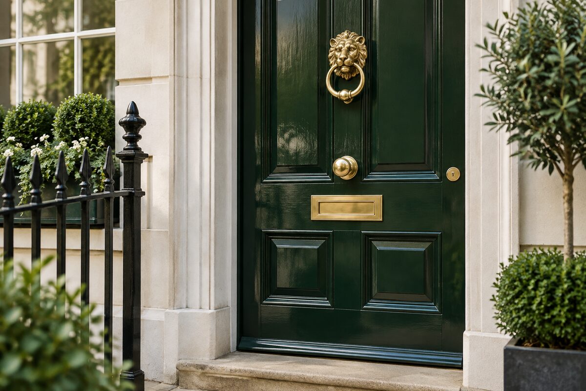 The dark green front door of a British townhouse with brass fittings